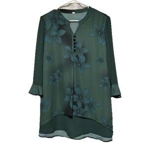 Women's Large Teal Green Floral Blouse 3/4 Sleeve Flowy Tunic Top